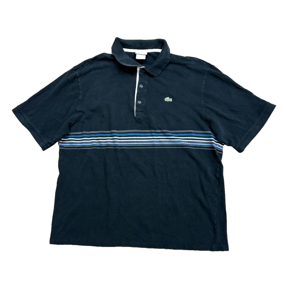 Vintage Lacoste Golf Black Polo Shirt Mens XL White Blue Stripe Pocket Croc